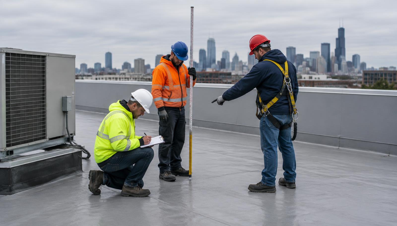 Commercial roofing contractors inspecting a flat roof in Orlando, FL