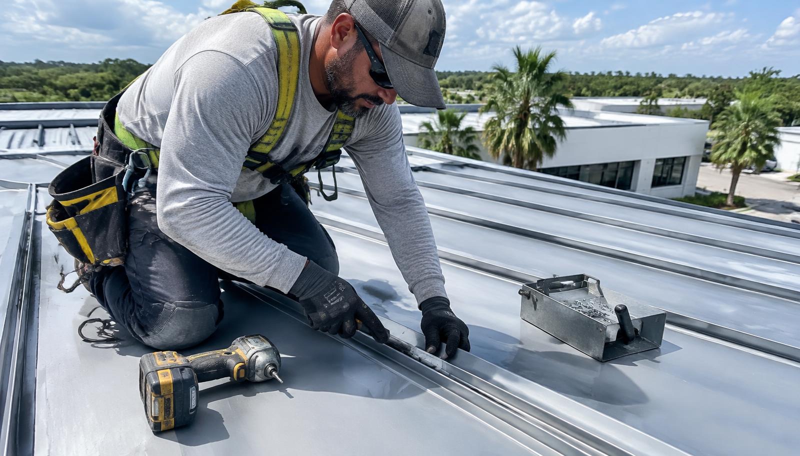 Roofer repairing a standing-seam metal roof on a commercial building