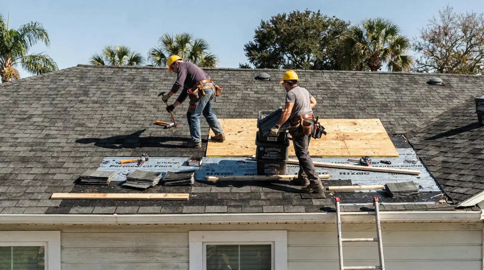 Roofers working through the stages of a residential roof installation in Central Florida