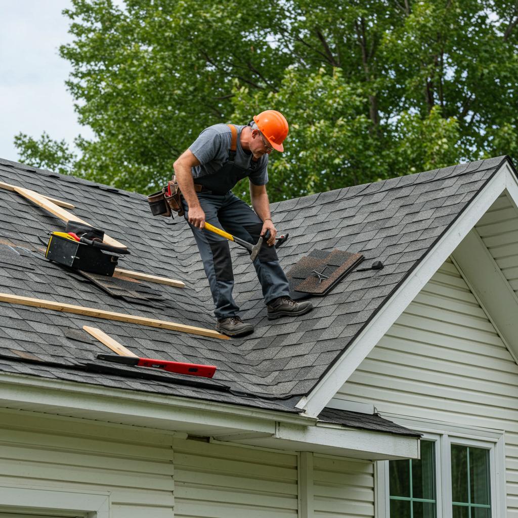 Roofer completing a shingle roof repair