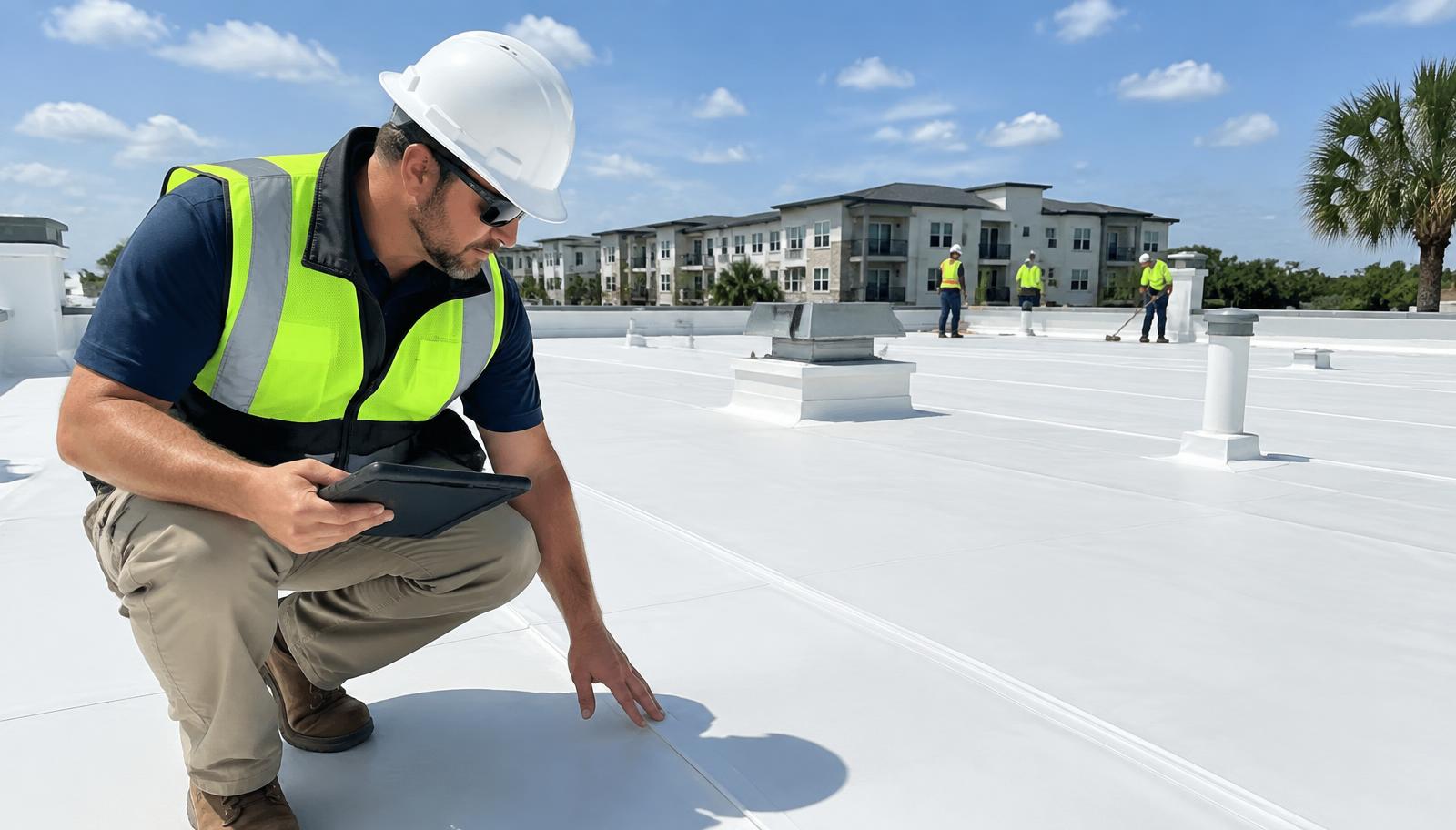 Project manager inspecting finished seams on a commercial flat roof in Orlando, FL