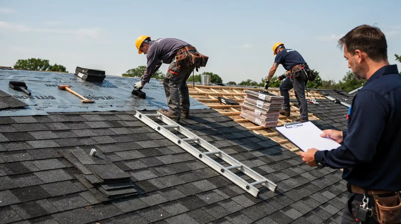 Roofing crew installing new architectural shingles over fresh underlayment on an Orlando home