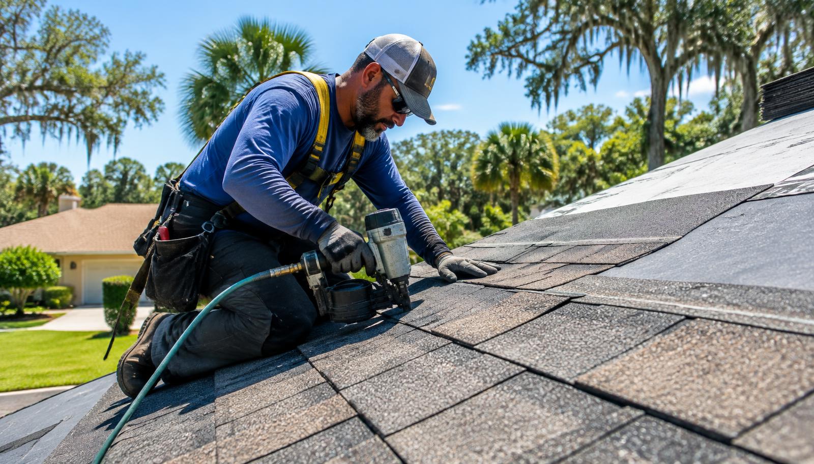 Experienced roofer nailing new architectural shingles on a Maitland, FL roof replacement