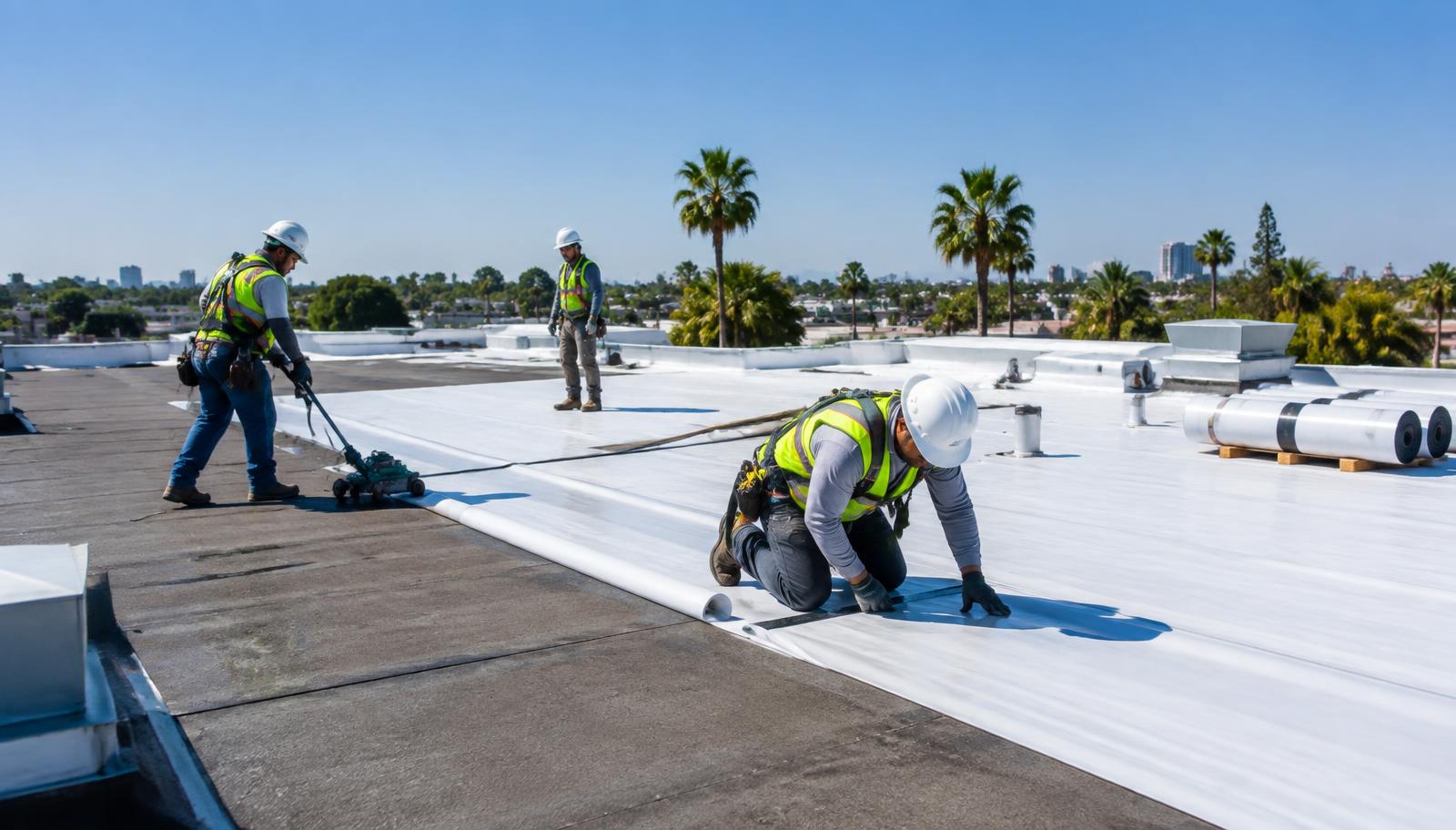 In-house roofing crew installing a membrane on a flat commercial roof in Orlando, FL