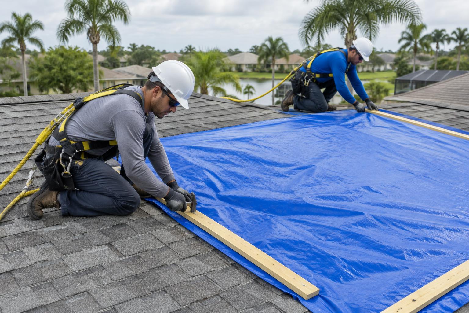 Roofing crew securing a protective tarp over a storm-damaged Florida roof