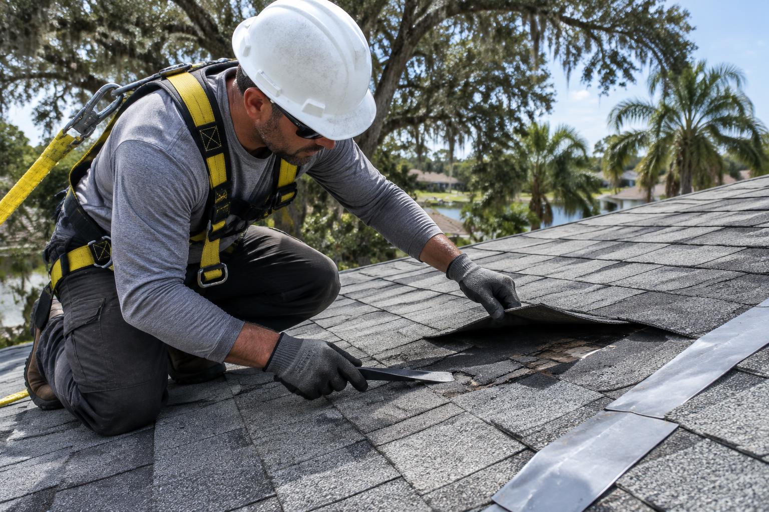 Roofer inspecting storm-damaged shingles and underlayment beside roof flashing