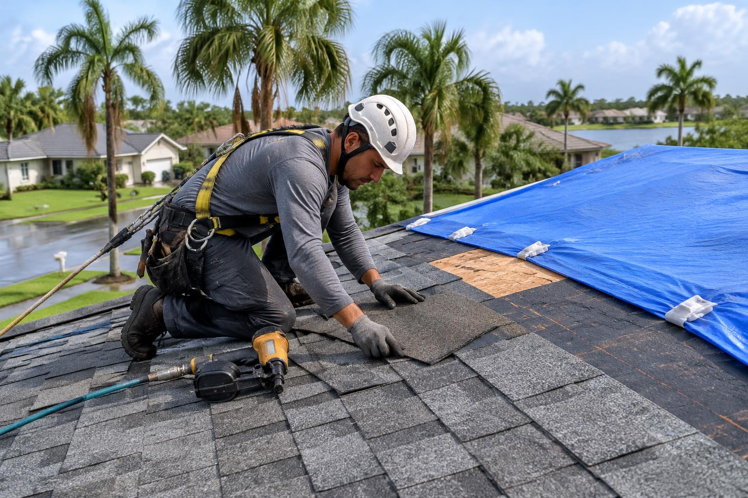 Roofer replacing storm-damaged shingles beside a temporary roof tarp on an Orlando home