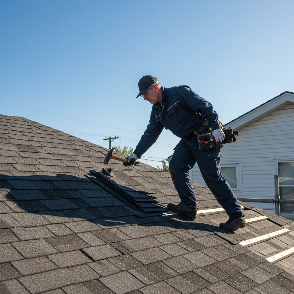 Roofer repairing damaged shingles on a residential roof