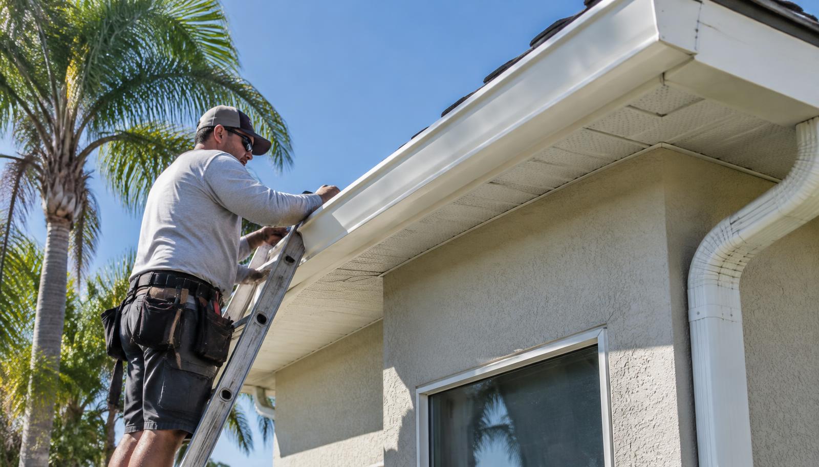 Roofer installing a new seamless aluminum gutter on a Winter Park, FL home