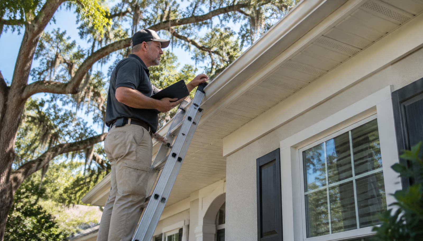 Assure-U Roofing inspector checking gutters and fascia on a Winter Park home