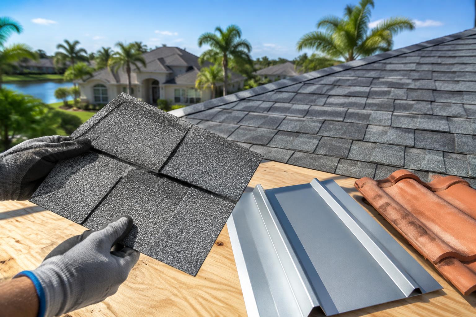 Comparing asphalt shingles, standing-seam metal, and tile roofing samples for a Lake Mary home
