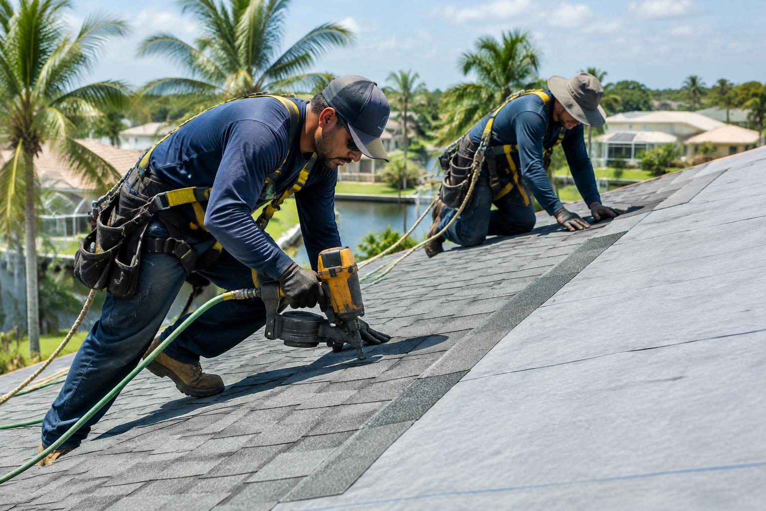 Roofing crew installing shingles and underlayment across a Florida residential roof